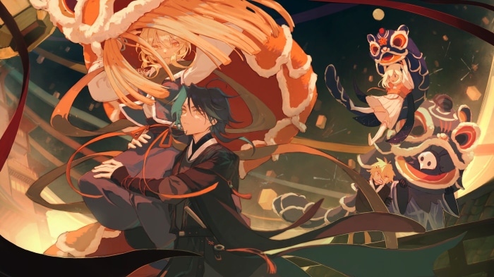 Aether and Xiao from Genshin Impact with Lion Dance