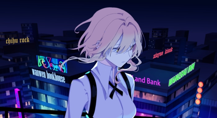 Anime girl in white shirt and suspenders in a neon city at night