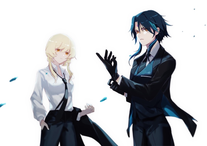 Lumine and Xiao from Genshin Impact in suits
