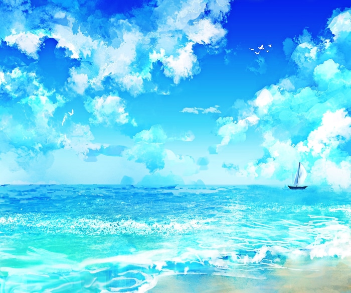 Artistic ocean with sailboat and clouds