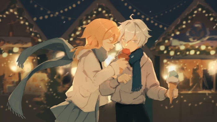 Lumine and Bennett from Genshin Impact eating ice cream