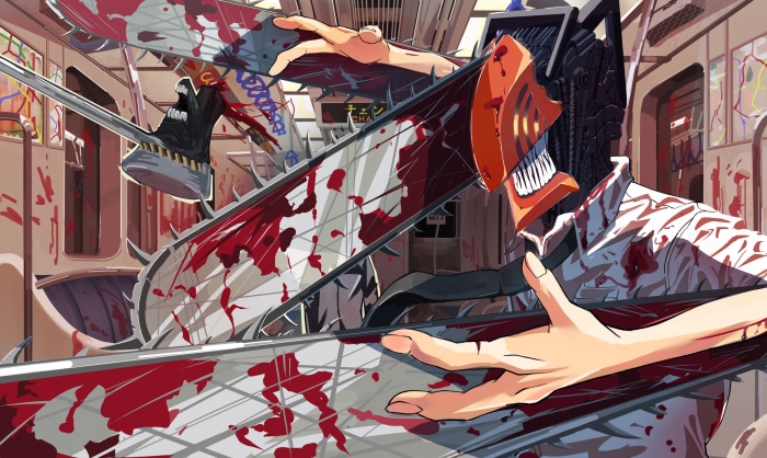 Denji from Chainsaw Man in a bloody subway