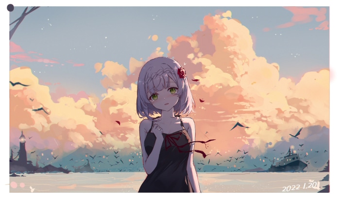 Noelle from Genshin Impact by the sea at sunset