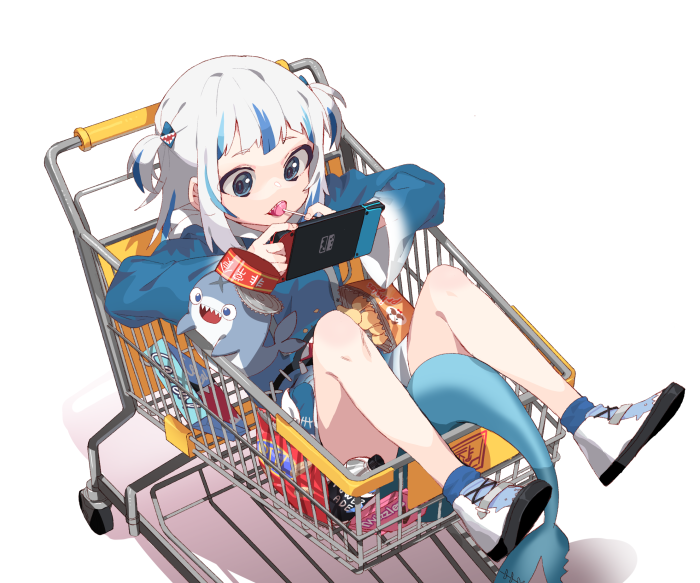 Gawr Gura from Hololive playing Nintendo Switch in shopping cart