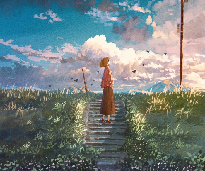 Girl standing on stairs in a field