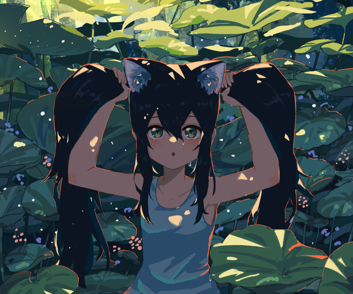 Girl with cat ears in a lotus pond
