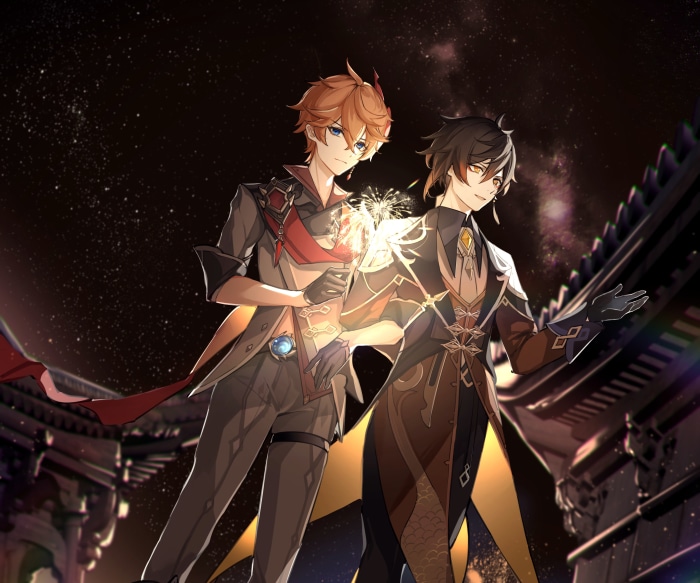 Tartaglia and Zhongli from Genshin Impact with Sparklers
