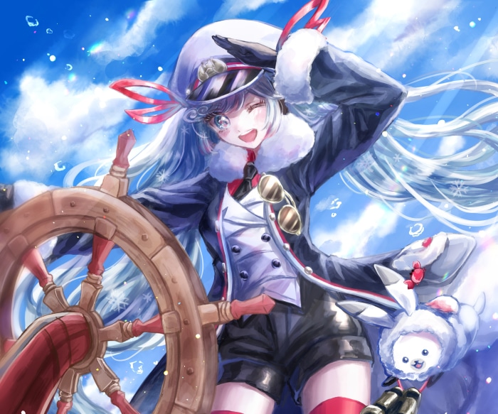 Hatsune Miku as a ship captain with a small dog