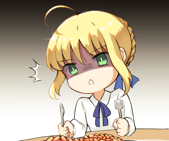 Saber from Fate/Stay Night with a plate of beans