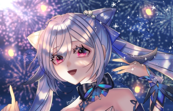 Keqing from Genshin Impact with Fireworks