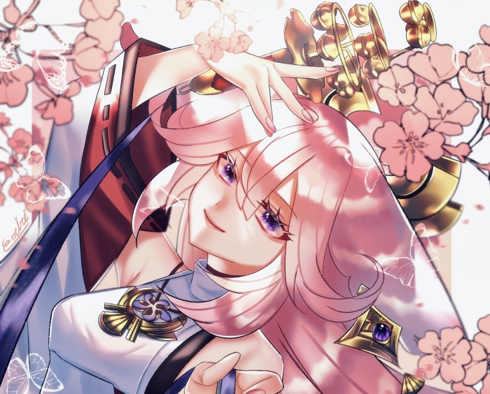 Yae Miko from Genshin Impact with cherry blossoms