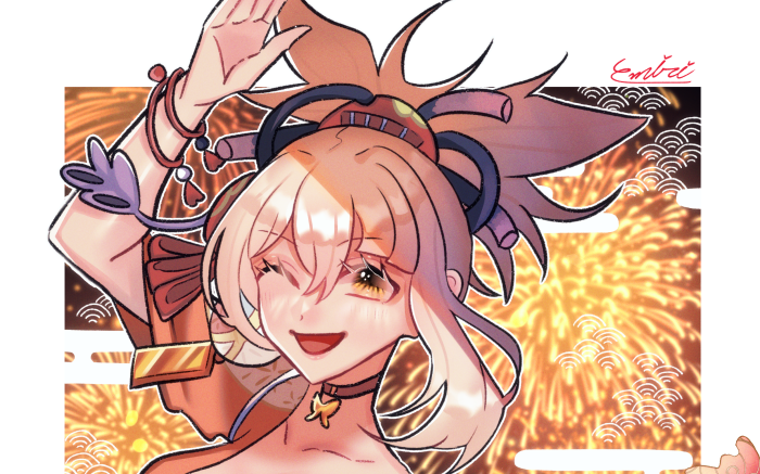 Yoimiya from Genshin Impact with Fireworks