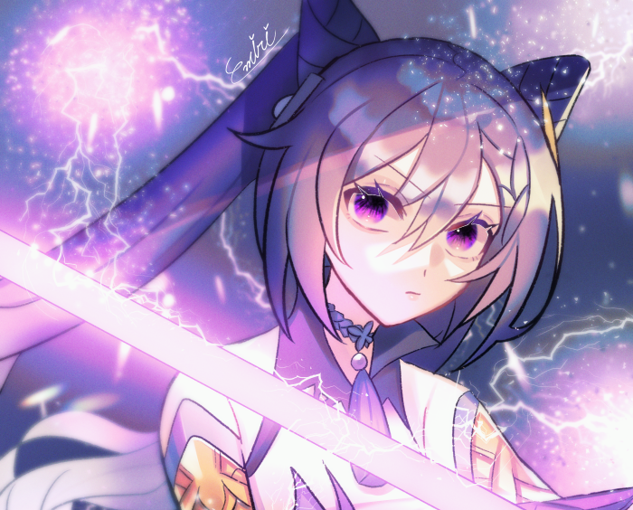 Keqing from Genshin Impact with a sword