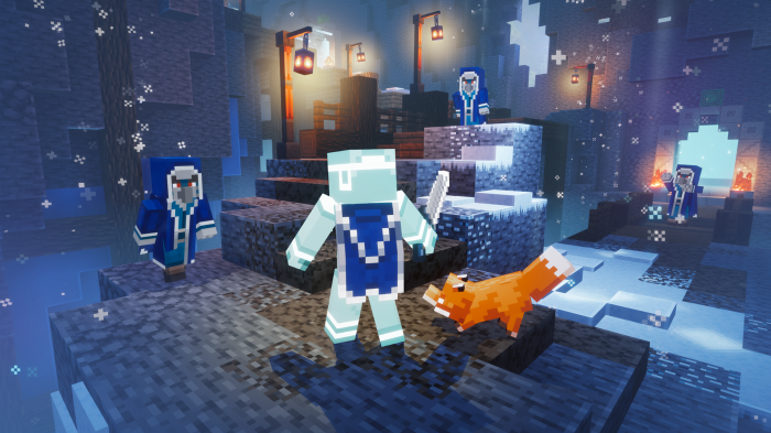 Minecraft Dungeons characters in a snowy environment