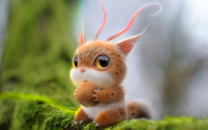 Cute creature holding a hazelnut on a mossy branch