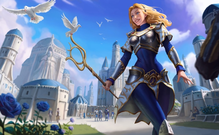 Lux from League of Legends with doves and city
