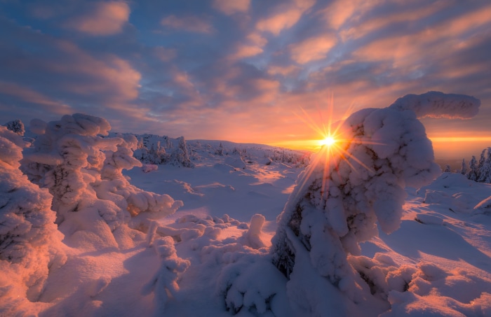 Snowy landscape at sunrise with sunburst