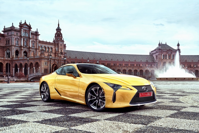 Yellow Lexus LC 500 in Plaza de España, Seville