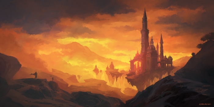 Fantasy Castle on Floating Island at Sunset