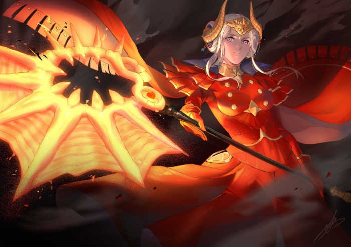 Edelgard from Fire Emblem with a fiery weapon