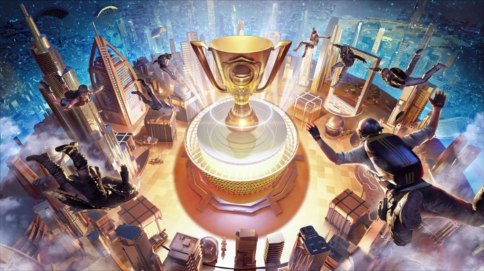 PlayerUnknowns Battlegrounds players skydiving around a trophy