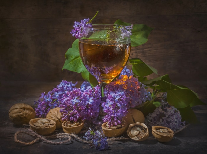 Still life with wine glass, lilacs, and walnuts