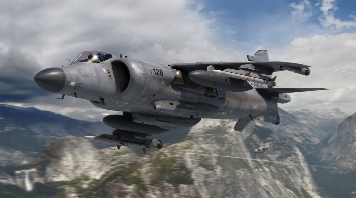 British Aerospace Sea Harrier fighter jet in flight