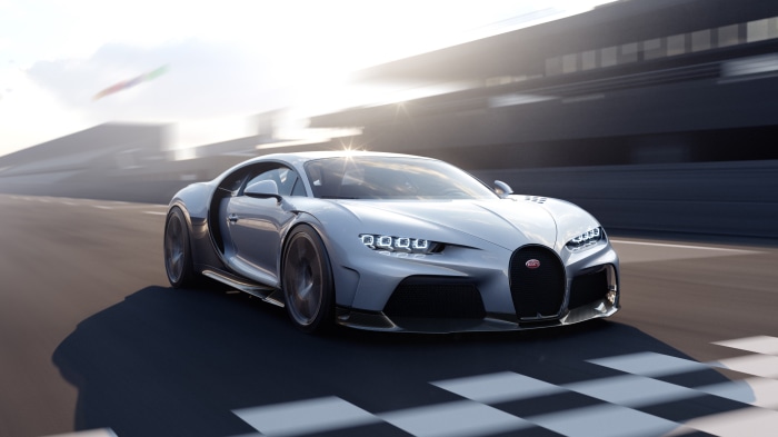 White Bugatti Chiron on a race track