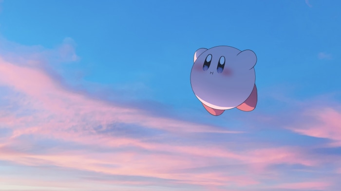 Kirby Flying in a Colorful Sky