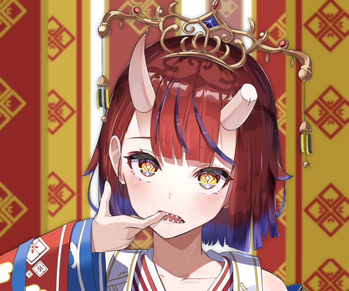 Girl with demon horns and traditional Japanese attire