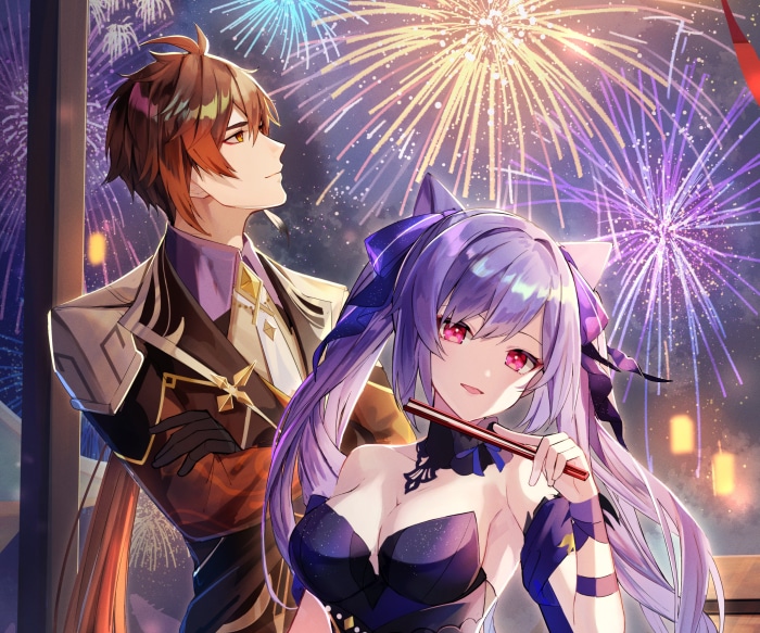 Keqing and Zhongli from Genshin Impact with fireworks