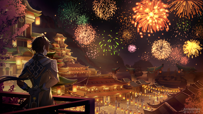 Zhongli from Genshin Impact watching fireworks over a city