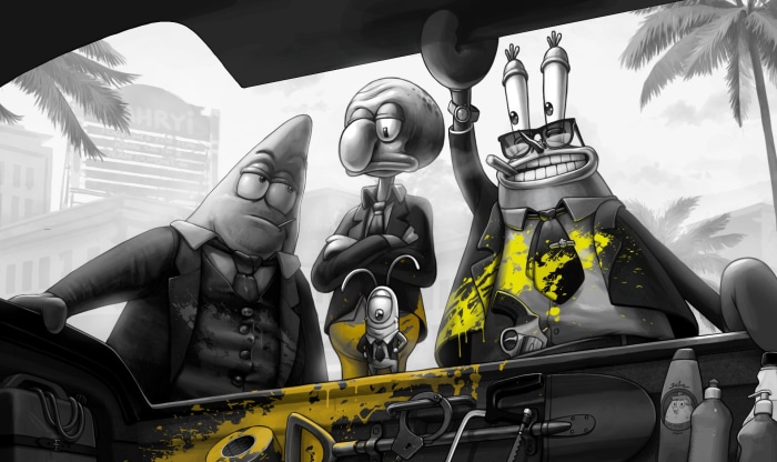 Patrick Star, Squidward Tentacles, Mr. Krabs, and Plankton in a car