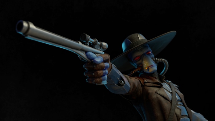 Cad Bane from Star Wars holding a blaster