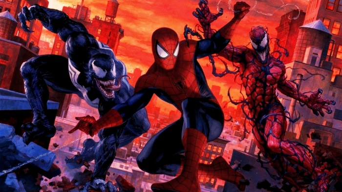 Spider-Man, Venom, and Carnage in a city