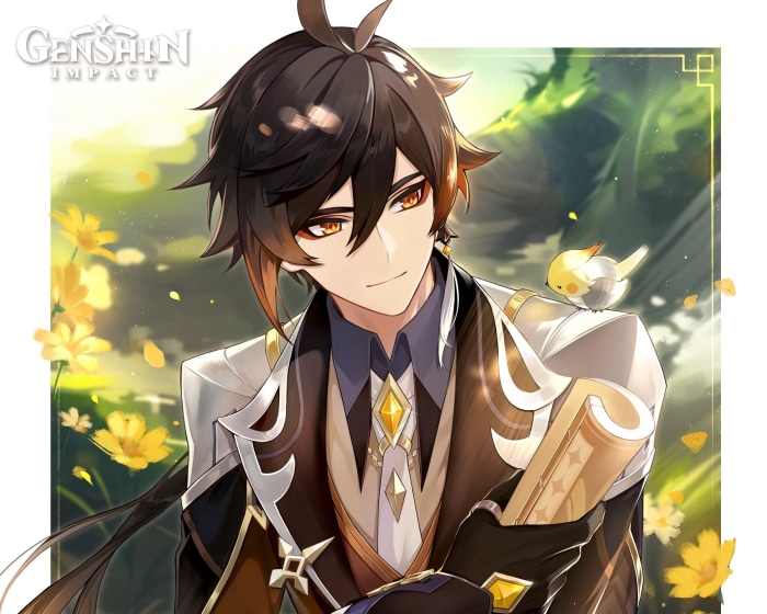 Zhongli from Genshin Impact with a bird
