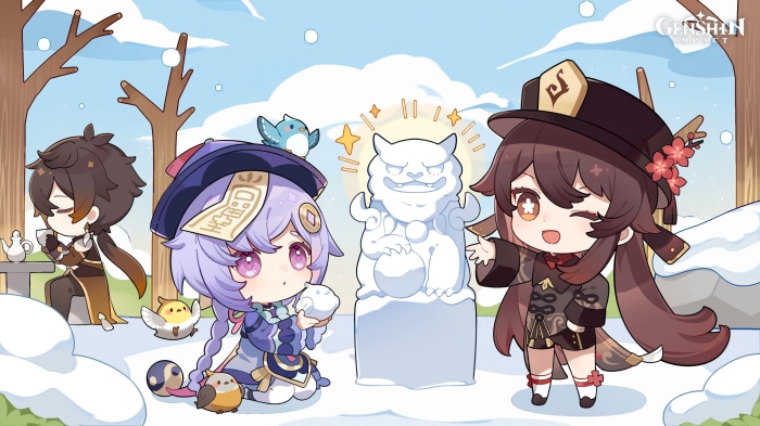 Genshin Impact: Hu Tao, Zhongli, and Qiqi in the Snow
