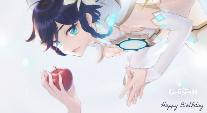 Venti from Genshin Impact holding an apple
