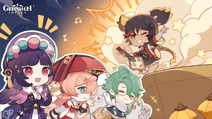 Genshin Impact characters Yun Jin, Yanfei, Xinyan, and Baizhu