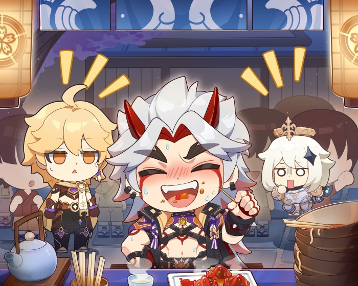 Arataki Itto, Paimon, and Aether from Genshin Impact eating