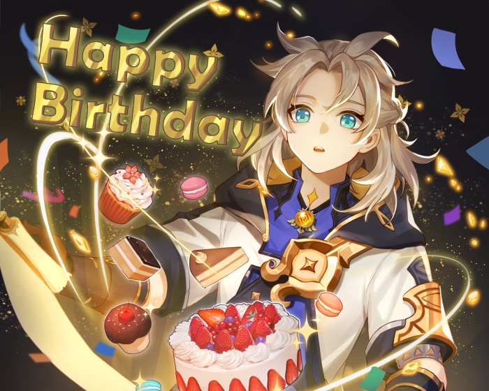 Albedo from Genshin Impact with Birthday Cake and Desserts