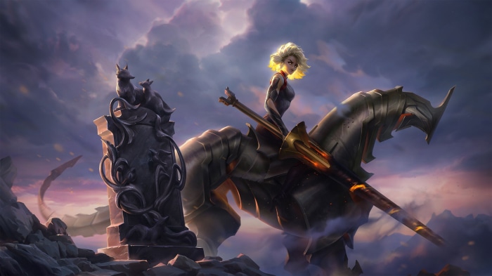 Rell from League of Legends on a mechanical horse
