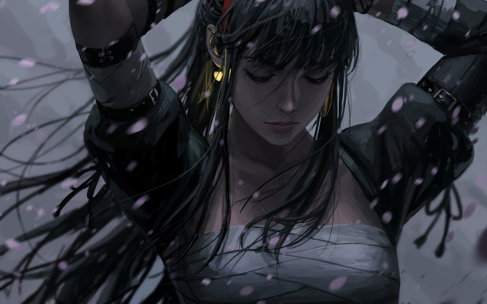 Girl with black hair and golden earrings