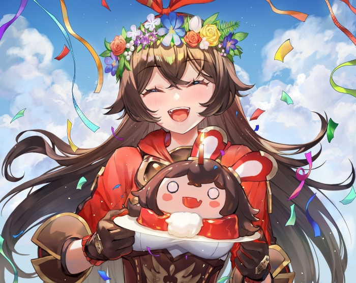 Amber from Genshin Impact holding a cake