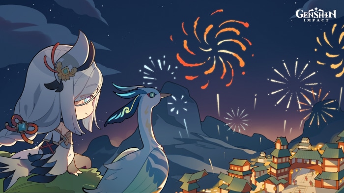 Shenhe and a bird watch fireworks in Liyue