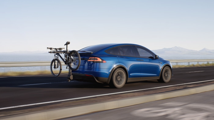 Blue Tesla Model X Plaid with Bicycle Rack