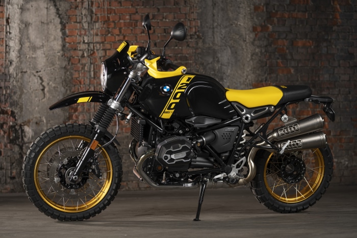 Black and yellow BMW R NineT motorcycle