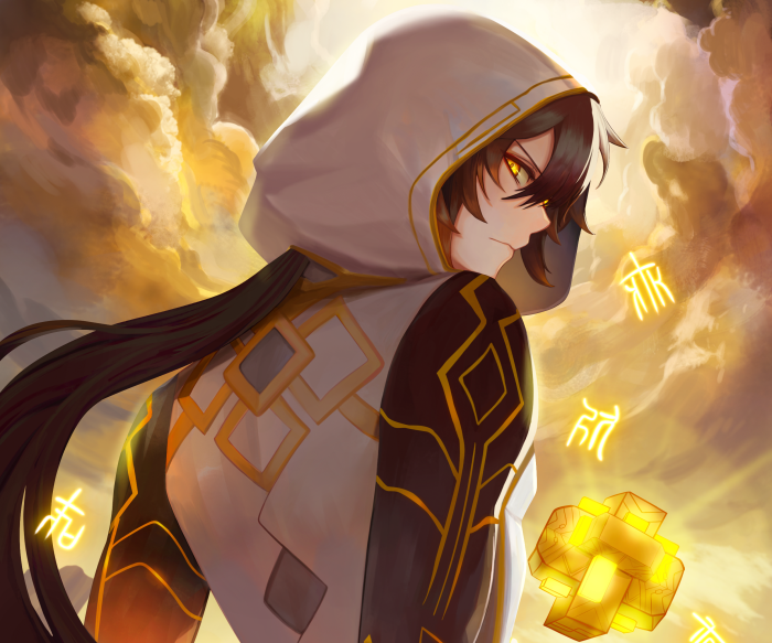 Zhongli from Genshin Impact with glowing symbols