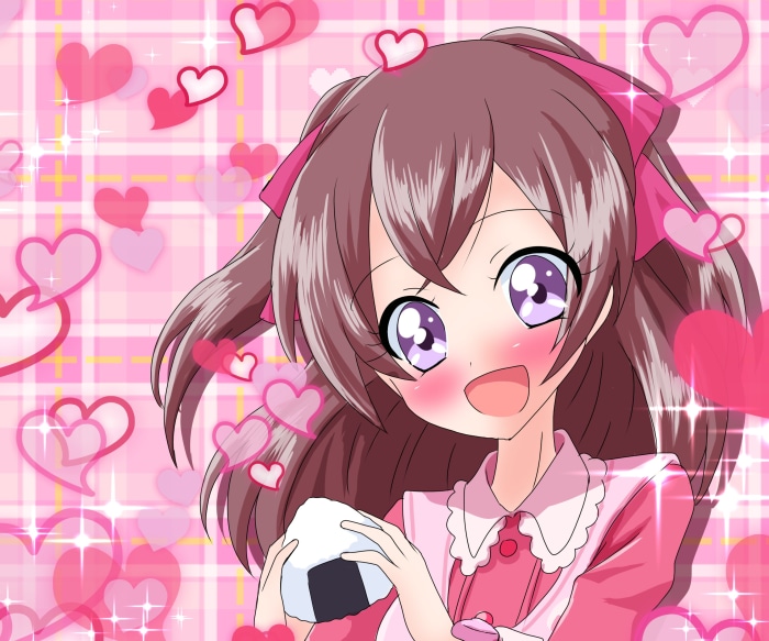 Nagomi Yui from Delicious Party Precure holding an onigiri