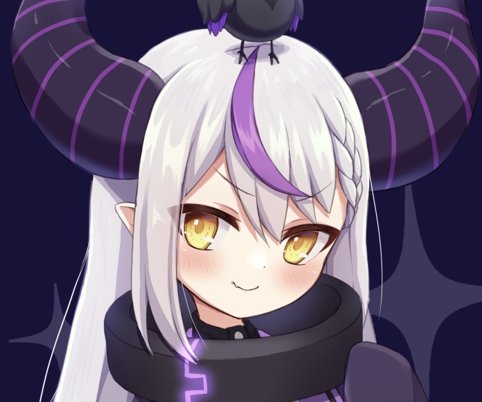 La+ Darknesss from Hololive with a bird on her head